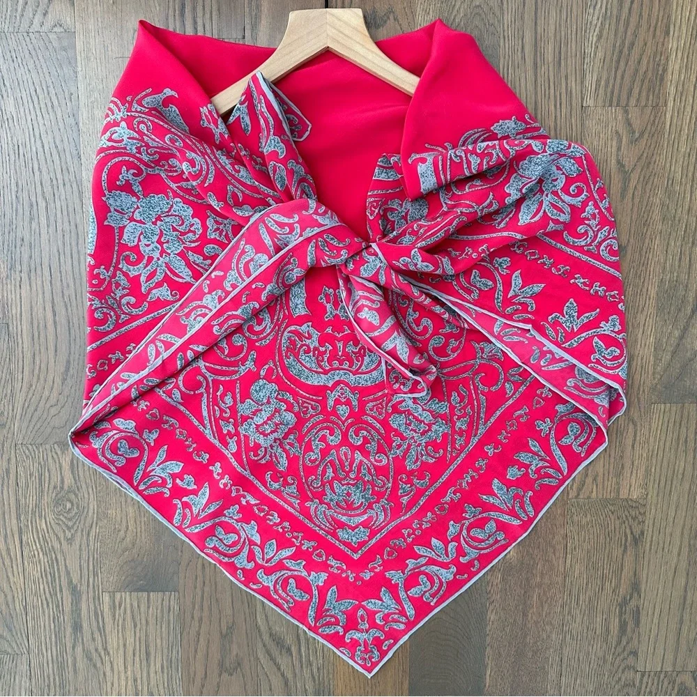 Anthropologie Vintage 100% Silk Paisley Printed Square Scarf Pink and Grey 40